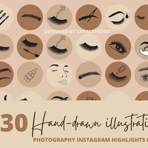 Op de afbeelding: Set van 30 handgetekende illustraties voor Instagram-highlight-pictogrammen. De pictogrammen bevatten verschillende ontwerpen met betrekking tot wimpers en wenkbrauwen, waaronder wimpers, wenkbrauwen, wimpergereedschap en een gezicht.