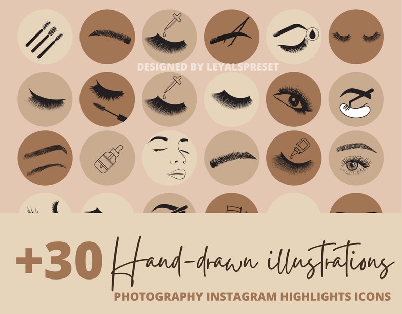 Op de afbeelding: Set van 30 handgetekende illustraties voor Instagram-highlight-pictogrammen. De pictogrammen bevatten verschillende ontwerpen met betrekking tot wimpers en wenkbrauwen, waaronder wimpers, wenkbrauwen, wimpergereedschap en een gezicht.