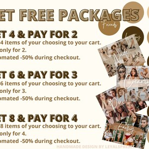 Op de afbeelding: Een grafiek met bruine tekst op een witte achtergrond die "GET FREE PACKAGES" luidt. Onder de tekst staan drie aanbiedingen: "GET 4 & PAY FOR 2", "GET 6 & PAY FOR 3" en "GET 8 & PAY FOR 4". Elk aanbod bevat een beschrijving van de aanbieding en de tekst "Automated -50% during checkout". De grafiek bevat ook negen bruine cirkels met witte tekst, waaronder "Friends", "Baby", "Nude", "Creamy", "On Set", "Newborn", "Story", "Dor" en "Earthy".