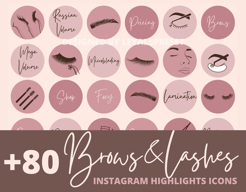 K&ouml;nnte beinhalten: Ein Satz von 16 rosafarbenen und wei&szlig;en Instagram-Highlight-Icons mit Illustrationen von Wimpern, Augenbrauen und anderen Beauty-Artikeln. Der Text "+80 Brows & Lashes INSTAGRAM HIGHLIGHTS ICONS" befindet sich am unteren Rand des Bildes.