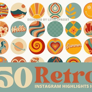 50+ Retro 70&#39;s Instagram Story Highlight Icons, Hippie colorful IG stories covers, 70&#39;s aesthetic IG highlights handdrawn retro icon