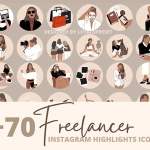 May include: Set of 24 colorful Instagram story highlight icons featuring illustrations of women in various poses and activities, including working on a laptop, taking photos, and relaxing. The icons are designed in a minimalist style with a neutral color palette.