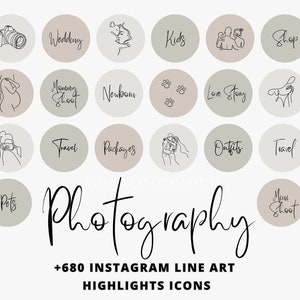 K&ouml;nnte beinhalten: Ein Satz von 16 Instagram-Highlight-Icons mit Line-Art-Illustrationen zu verschiedenen Fotografie-Themen, darunter Hochzeit, Kinder, Shop, Neugeborene, Liebesgeschichte, Reisen, Pakete, Outfits, Haustiere und Mini-Shooting. Die Icons sind im minimalistischen Stil gehalten und haben eine neutrale Farbpalette in Beige und Grau.