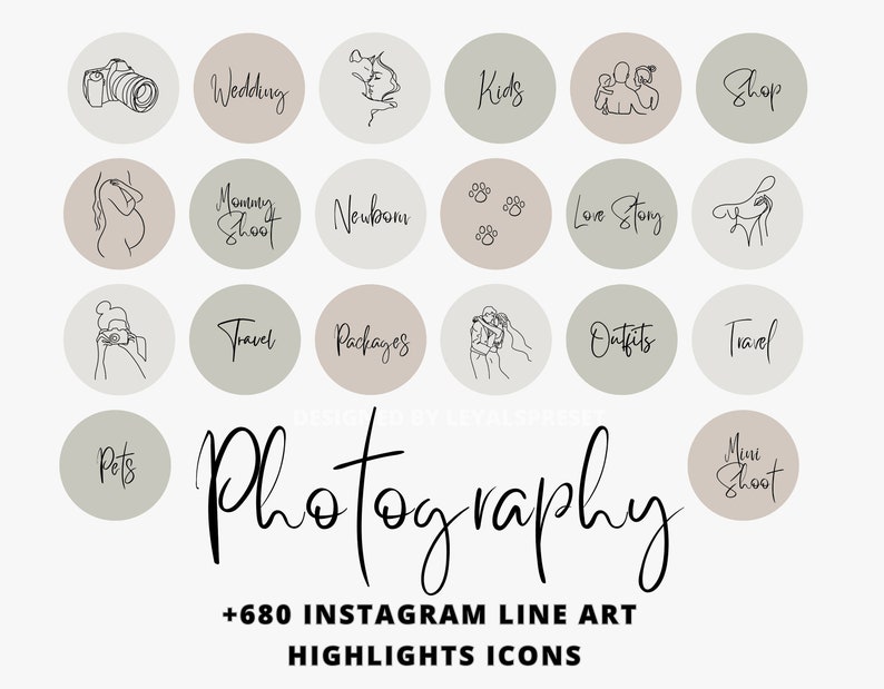 K&ouml;nnte beinhalten: Ein Satz von 16 Instagram-Highlight-Icons mit Line-Art-Illustrationen zu verschiedenen Fotografie-Themen, darunter Hochzeit, Kinder, Shop, Neugeborene, Liebesgeschichte, Reisen, Pakete, Outfits, Haustiere und Mini-Shooting. Die Icons sind im minimalistischen Stil gehalten und haben eine neutrale Farbpalette in Beige und Grau.