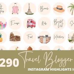 May include: A set of 16 watercolor illustrations for Instagram highlights. The illustrations feature travel-themed icons such as a suitcase, Eiffel Tower, beach hat, palm tree, city skyline, red double-decker bus, pineapple, Colosseum, food, Maldives, Taj Mahal, and more. The illustrations are in a light pink and beige color scheme. The text "Travel Blogger" and "Instagram Highlights Icons" is also included in the image.
