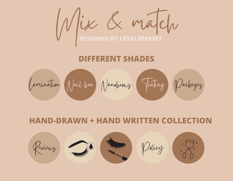 Op de afbeelding: Een set van 10 social media-iconen voor een schoonheidssalon of spa. De iconen zijn in verschillende bruintinten en bevatten handgetekende illustraties van diensten zoals lamineren, nagelbar, nanobrows, tint, pakketten, beoordelingen, wimpers en een wimperkrultang. De tekst "Mix & match" en "Designed by Leyalspreset" staat bovenaan de afbeelding. De tekst "Different Shades" en "Hand-drawn + Hand Written Collection" is ook inbegrepen.