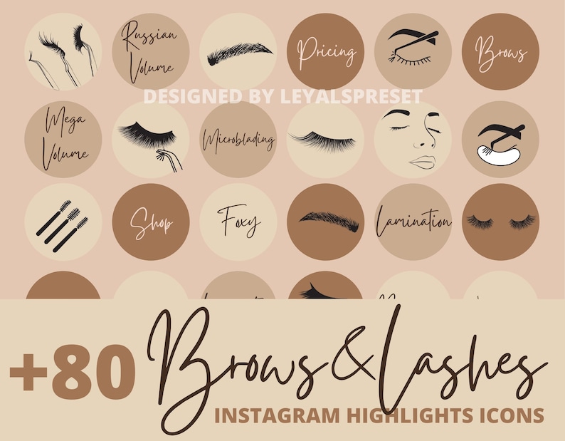 Op de afbeelding: Een set van 80 Instagram-highlight-pictogrammen voor wenkbrauw- en wimpersalons. De pictogrammen tonen verschillende stijlen wenkbrauwen en wimpers, waaronder Russian volume, mega volume, microblading, lamineren en foxy. De pictogrammen zijn ontworpen in een minimalistische stijl met bruine en beige kleuren.