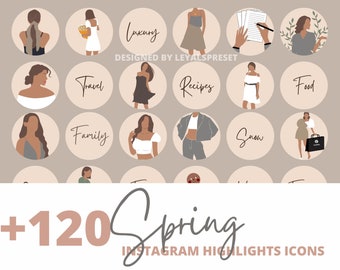Könnte beinhalten: Satz von 16 Instagram-Highlight-Icons mit Illustrationen von Frauen in verschiedenen Posen und Umgebungen. Die Icons sind im minimalistischen Stil mit einer neutralen Farbpalette in Beige, Braun und Weiß gestaltet. Der Text "Luxury", "Travel", "Family", "Recipes", "Food", "Snow" ist in den Icons enthalten.