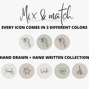K&ouml;nnte beinhalten: Satz von neun handgezeichneten Social-Media-Icons in drei verschiedenen Farben. Die Icons beinhalten einen Schneeflock, einen Weihnachtsbaum, eine Geschenkbox, das Wort "Familie", das Wort "Winter" und eine Frau, die ein Foto macht. Der Text "Mix & match" und "Jedes Icon ist in 3 verschiedenen Farben erh&auml;ltlich" ist ebenfalls im Bild enthalten.