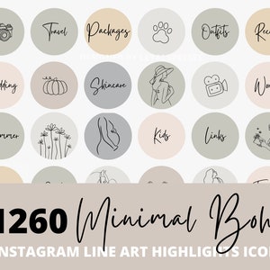 May include: A set of 24 Instagram highlight icons featuring minimalist line art designs. The icons include a camera, travel, packages, paw print, outfits, recipes, wedding, pumpkin, skincare, a woman, a video camera, workout, summer, flowers, a pregnant woman, kids, links, a woman with a book, and more. The icons are in a boho style and are perfect for adding a touch of personality to your Instagram profile.