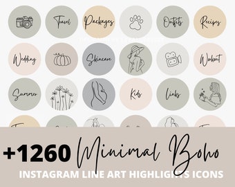 May include: A set of 24 Instagram highlight icons featuring minimalist line art designs. The icons include a camera, travel, packages, paw print, outfits, recipes, wedding, pumpkin, skincare, a woman, a video camera, workout, summer, flowers, a pregnant woman, kids, links, a woman with a book, and more. The icons are in a boho style and are perfect for adding a touch of personality to your Instagram profile.