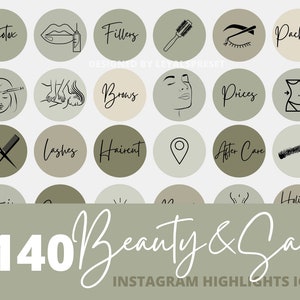 140+ schoonheidssalon en spa Instagram Story Highlight-pictogrammen, saliegroen neutrale IG-verhalencovers, IG-highlights geschetst kapperpictogram