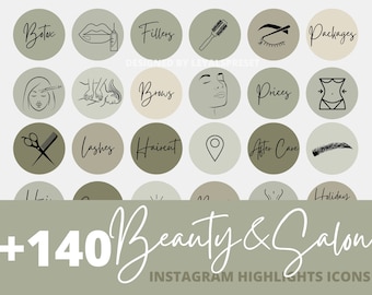 May include: A collection of Instagram highlight icons for beauty and salon services. The icons are in a circular design with a neutral color palette and feature illustrations and text such as "Botox," "Fillers," "Lashes," and "Haircut." The image also includes the text "+140 Beauty & Salon Instagram Highlights Icons."