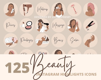 125 Beauty Instagram Story Highlights, trendige Salon Make-up Illustrationen Icons, Highlight Stories Social Media Icons für Insta Blogger