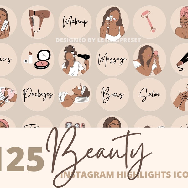 125 Beauty Instagram Story Highlights, trendige Salon Make-up Illustrationen Icons, Highlight Stories Social Media Icons für Insta Blogger