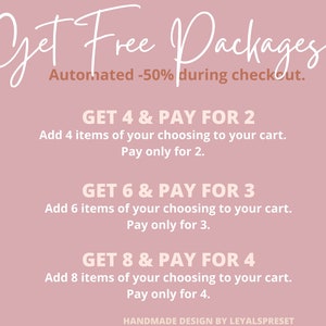 K&ouml;nnte beinhalten: Rosa Hintergrund mit wei&szlig;em Text, der "Get Free Packages! Automated -50% during checkout." lautet. Unter dem Text befinden sich drei Angebote: "GET 4 & PAY FOR 2", "GET 6 & PAY FOR 3" und "GET 8 & PAY FOR 4". Jedes Angebot enth&auml;lt Anweisungen, um eine bestimmte Anzahl von Artikeln in Ihren Warenkorb zu legen und f&uuml;r einen geringeren Betrag zu bezahlen. Der Text unten lautet "HANDMADE DESIGN BY LEYALSPRESET".