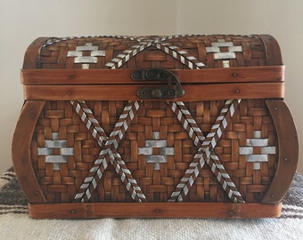 Vintage tribal boho woven wood and silver chest box