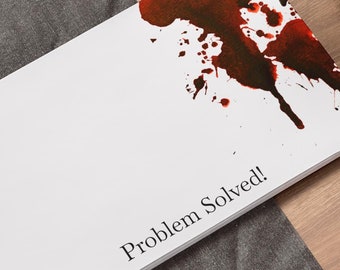 Note Pads, blood splatter with the text problem solved. Sticky Notes, Memo Pad, Office Supplies, Stationery Gift, Cool Desk Accessories