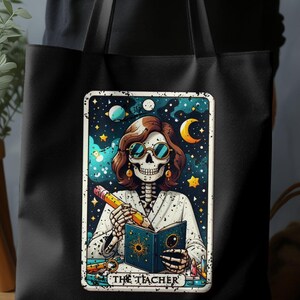 Retro Skelett Lehrer Tragetasche, Schule der Magie Buch Liebhaber Geschenk, Tarot Karten Design, Himmlische Sterne und Mond Kunstwerk