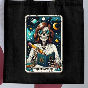 Retro Skelett Lehrer Tragetasche, Schule der Magie Buch Liebhaber Geschenk, Tarot Karten Design, Himmlische Sterne und Mond Kunstwerk