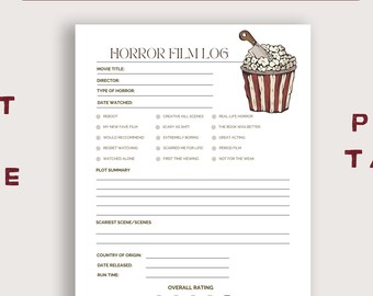 Hojas de registro de películas de terror, descarga digital, para los fanáticos del terror