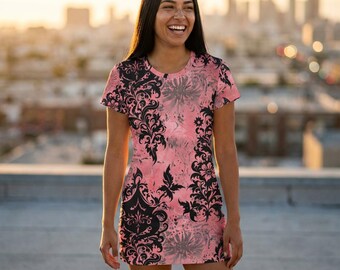 Pink Grunge Damask T-Shirt Dress | All-over Print