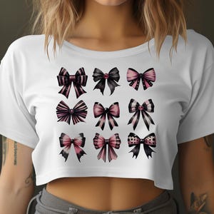 Cute Pink and Black Bow T-Shirts and Tank Tops, Kawaii Bow Graphic Tee, Stylish Fashion Bow Print Shirt, Girls Favorite Bow Tank