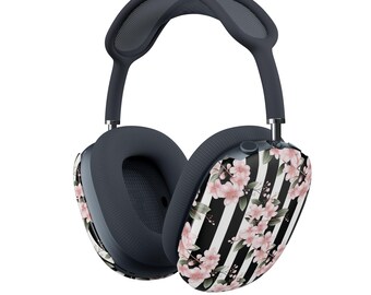 Pink Cherry Blossoms on Black Stripe AirPod Max Case | Headphone Covers