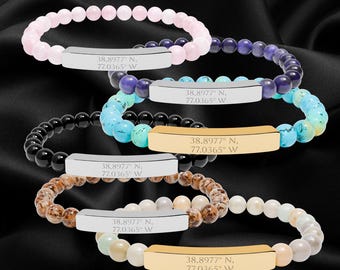 Custom Coordinates Bracelet, Natural Stone - Personalized Engraved Jewelry for Mindfulness, Gift for Her