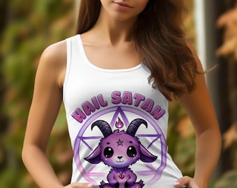Hail Satan Cute Goat T-Shirt, Kawaii Occult Baphomet Goat, Gothic Fashion Apparel, Cool Occult Goat Tank Top, Trendy Alternative Clothing