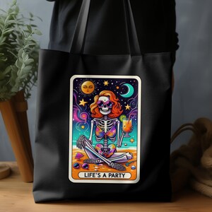 Retro Skeleton Tote Bag, Life&#39;s A Party Tote Bag, Halloween Beach Vibes Bag, Unique Illustrated Tote, Colorful Skull Design Bag