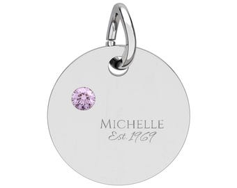 Birthstone Circle Charm Engraved Pendant | Personalized Birthstone Jewelry