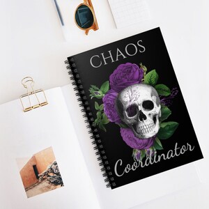 Chaos Coordinator Notebook, Purple Floral Skull Journals, Gothic Notebooks, Lined Journals, Skull Notebooks