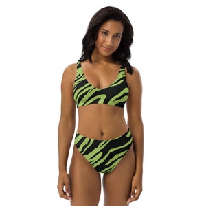 Green Tiger Striped Recycled high-waisted bikini, Animal Print Swimwear