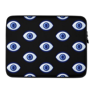 May include: Black laptop sleeve with a repeating pattern of blue evil eyes.