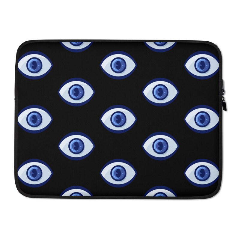 May include: Black laptop sleeve with a repeating pattern of blue evil eyes.