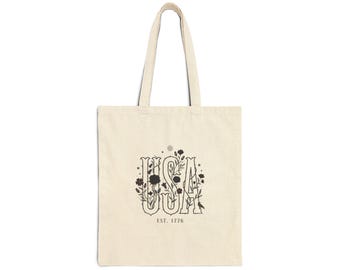 USA Floral Graphic Tote, 4th of July Americana Canvas Tote | Vintage Stars & Red White Blue