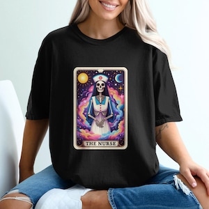 Gothic Skeleton Nurse Tarot Card T-Shirt - Halloween Mystic Tee