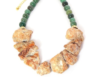 Green Aventurine Raw Natural Stone, Chunky Bold Bib Statement Necklace // Earthy Jewelry