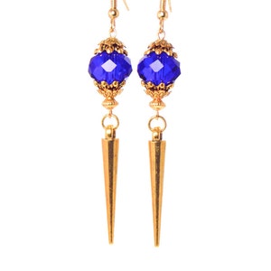 Cobalt Royal Blue, Gold Spike Long Dangle Drop Statement Earrings (Clip On Optional)