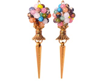 Rainbow Gemstone Dangle Earrings, Gold Spike, Statement Jewelry