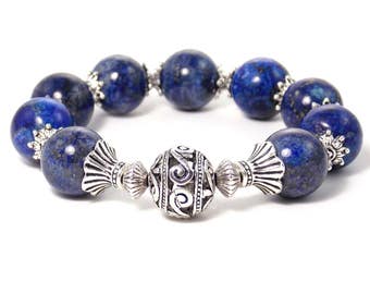 Pulsera de cuentas de lapislázuli, plata antigua, joyería elástica con piedras preciosas