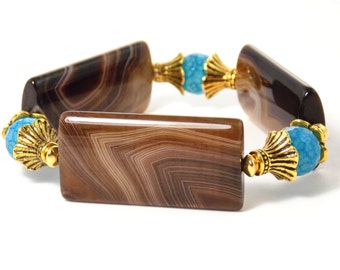 Chocolate Brown & Blue Fire Agate, Gold Plated Gemstone Beaded Stretch Statement Bracelet