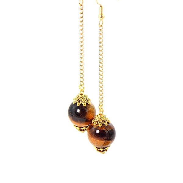 Brown Tigers Eye Stone, Long Gold Chain, Ball Drop Dangle Statement Earrings (Clip On Optional)