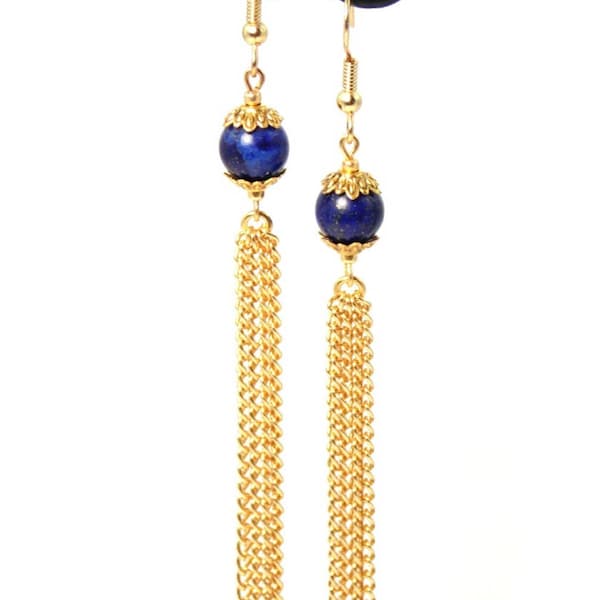 Royal Blue Lapis Lazuli Gold Tassel Dangle Chain Earrings (Clip On Optional)
