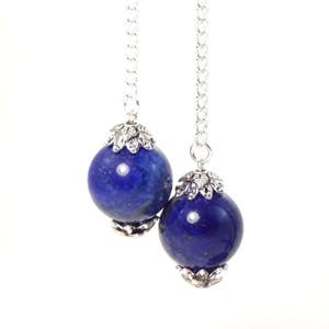 Lapis Lazuli, Long Silver Chain, Ball Drop Dangle Earrings (Clip On Optional) | Royal Blue Earrings | Cobalt Blue Earrings