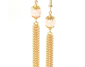 Pendientes largos con borlas y cadena de cuarzo rosa, chapados en oro (clip opcional)