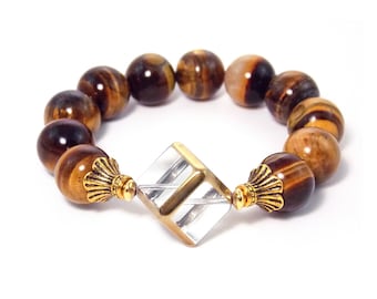 Brown Tigers Eye, Bold Beaded Gemstone Gold Statement Bracelet