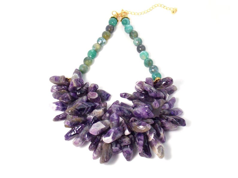 Gold Plated Chunky Bold Gemstone Bib Statement Necklace Violet Purple Amethyst /& Green Agate Stone