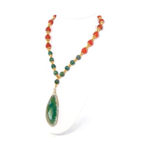 Green Orange Agate Stone, Gold Beaded Gemstone Drop Pendant Statement Necklace